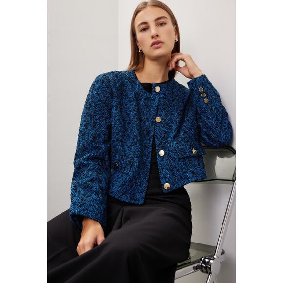 BOSS Royal Blue Tweed Blazer Gold Button Distressed Janoa Jacket Size US 2 - Picture 13 of 14